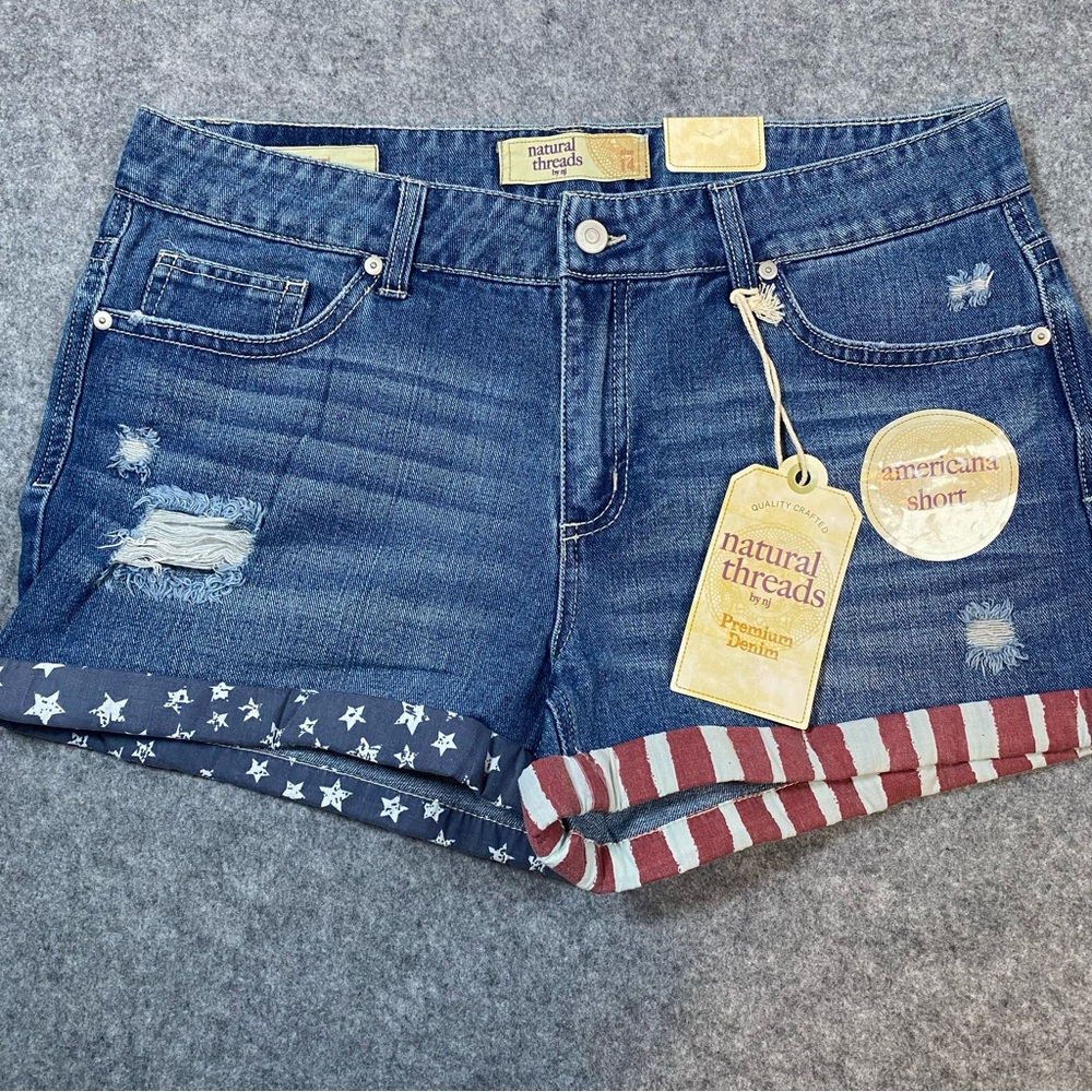 Women’s Natural Threads By NJ Americana Denim Shorts Size 14 NWT Blue Jean Flag